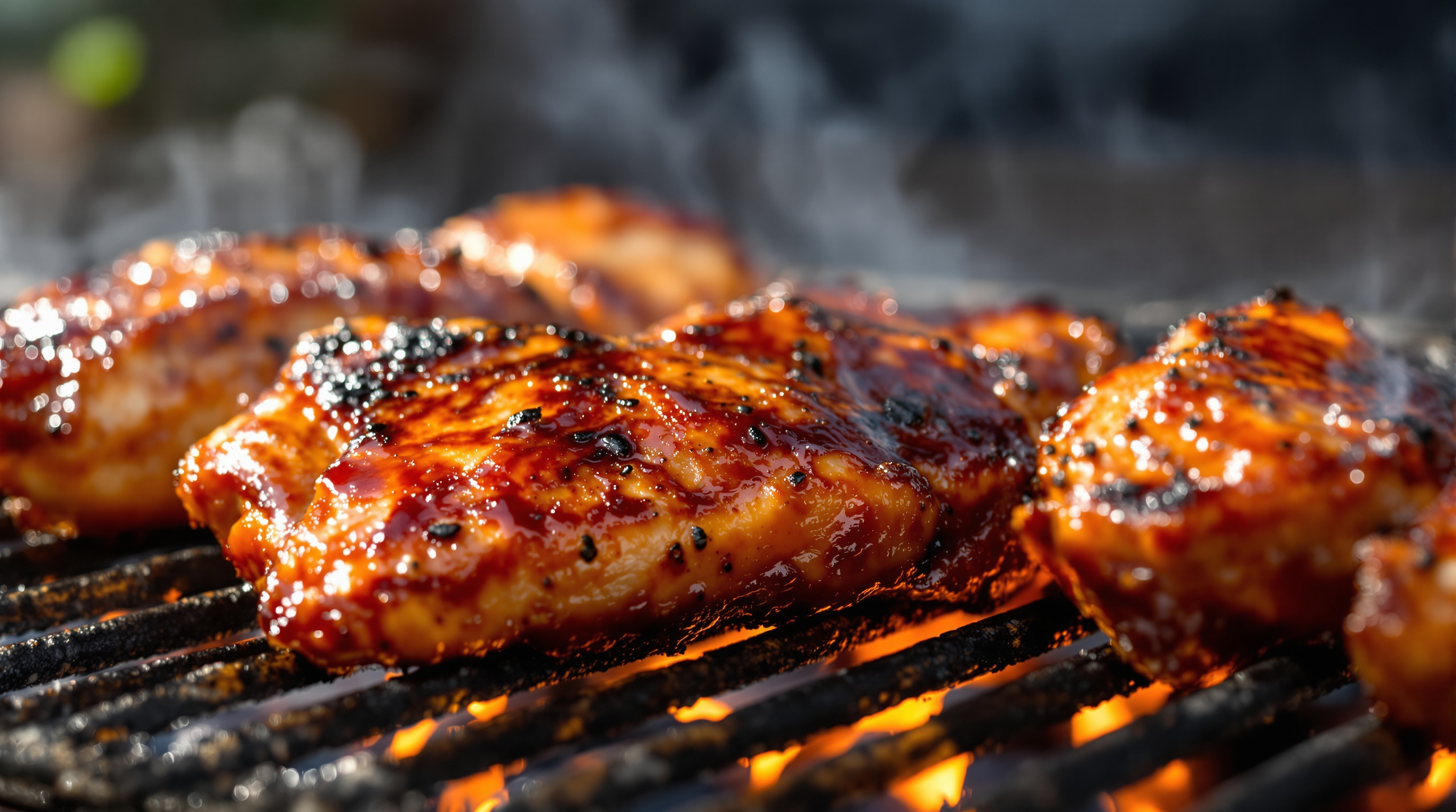 Golden barbecue chicken halves with lacquered glaze on a grill grate over glowing coals