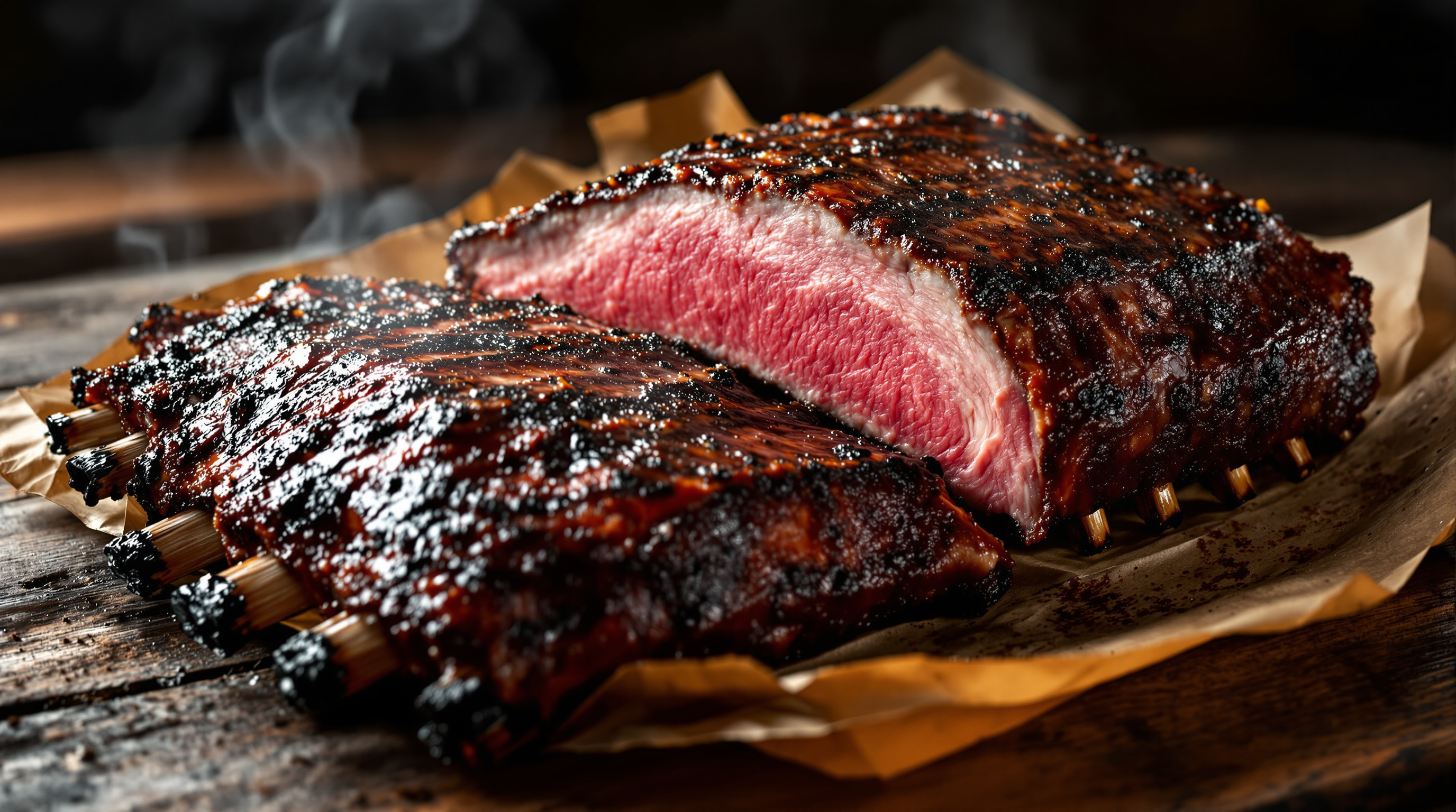 Three massive smoked beef plate ribs with mahogany bark and a visible pink smoke ring on butcher paper