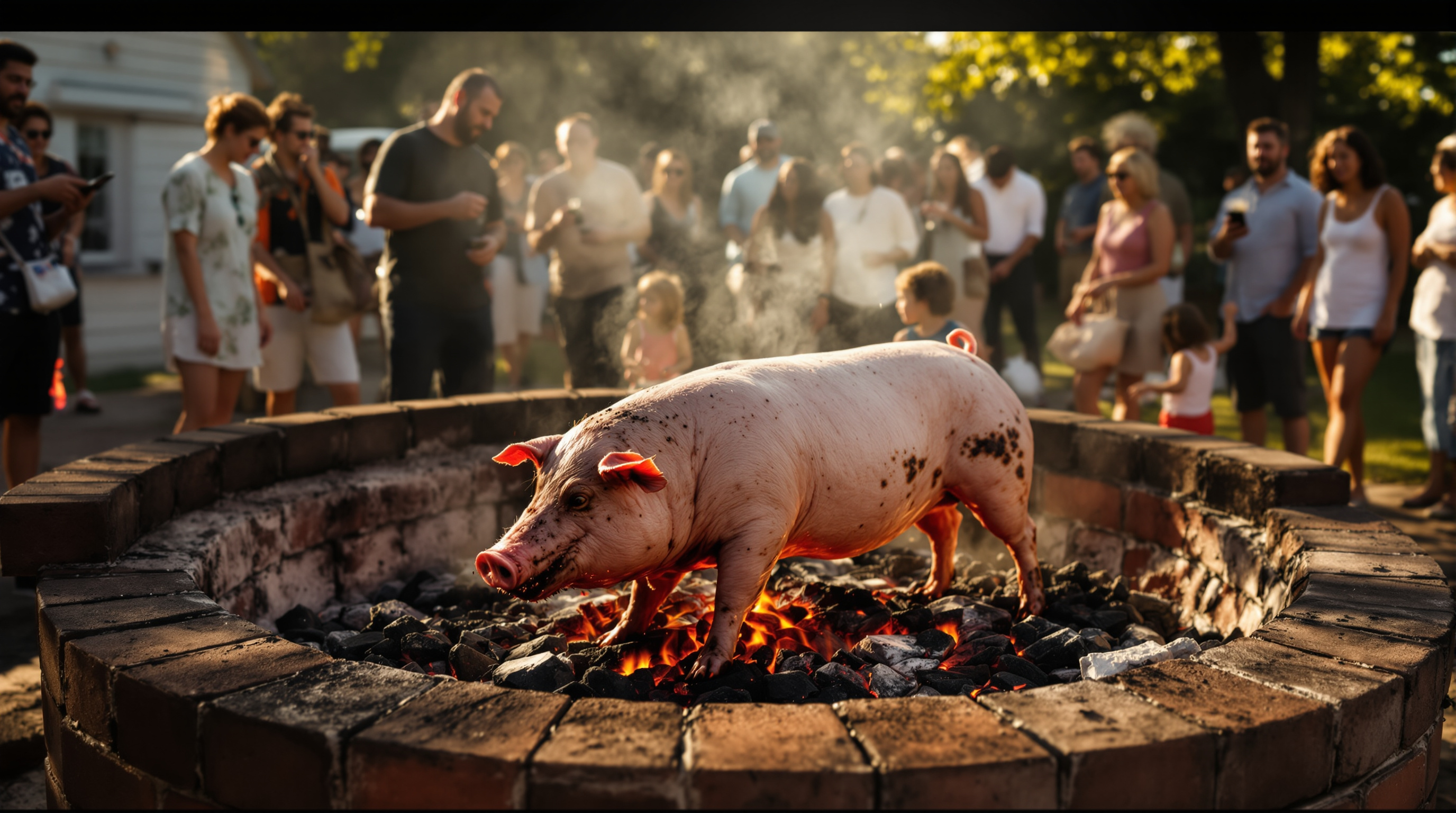 A community whole-hog barbecue roast with a crowd gathered around an open pit