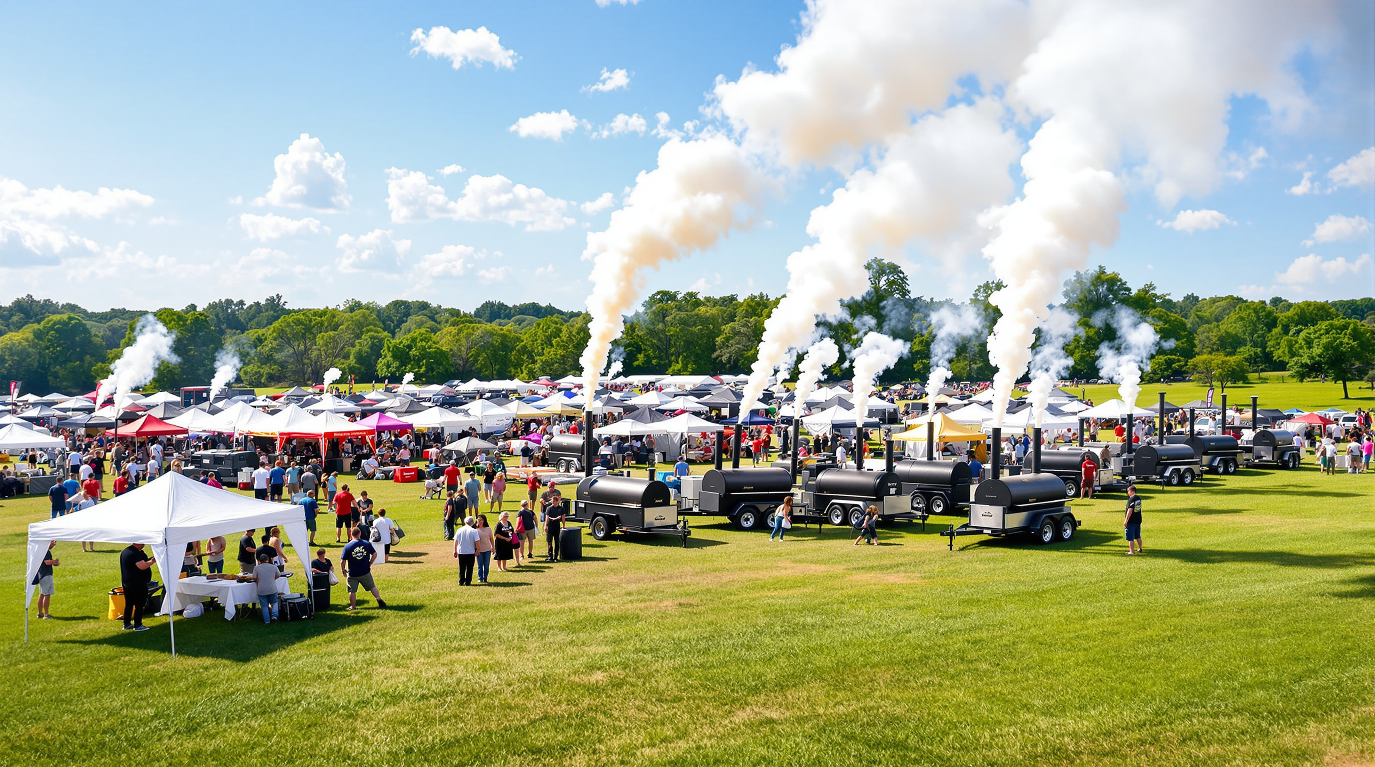 A barbecue competition field with team canopy tents and large custom offset smokers billowing smoke