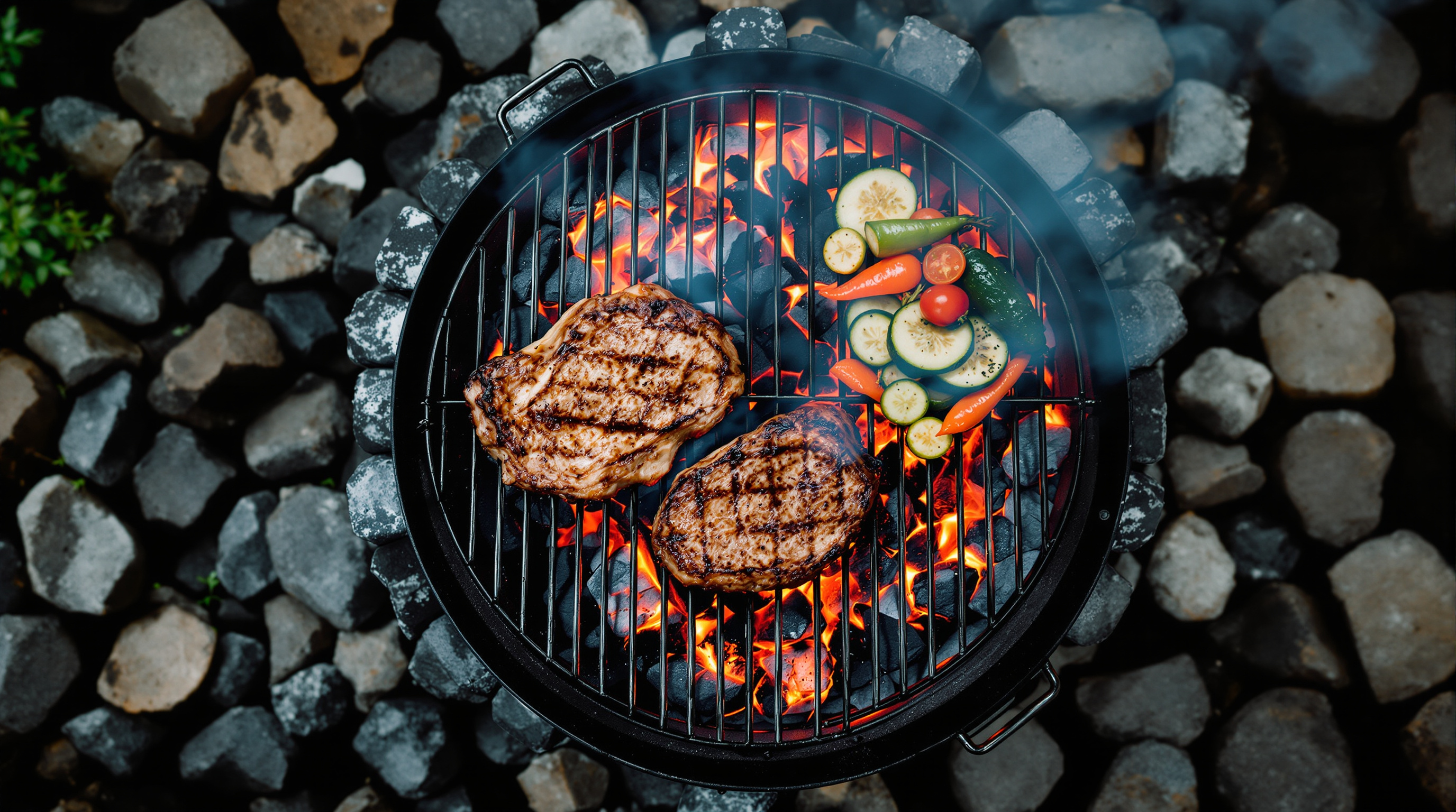 Overhead view of a charcoal grill arranged in heat zones with coals banked to one side