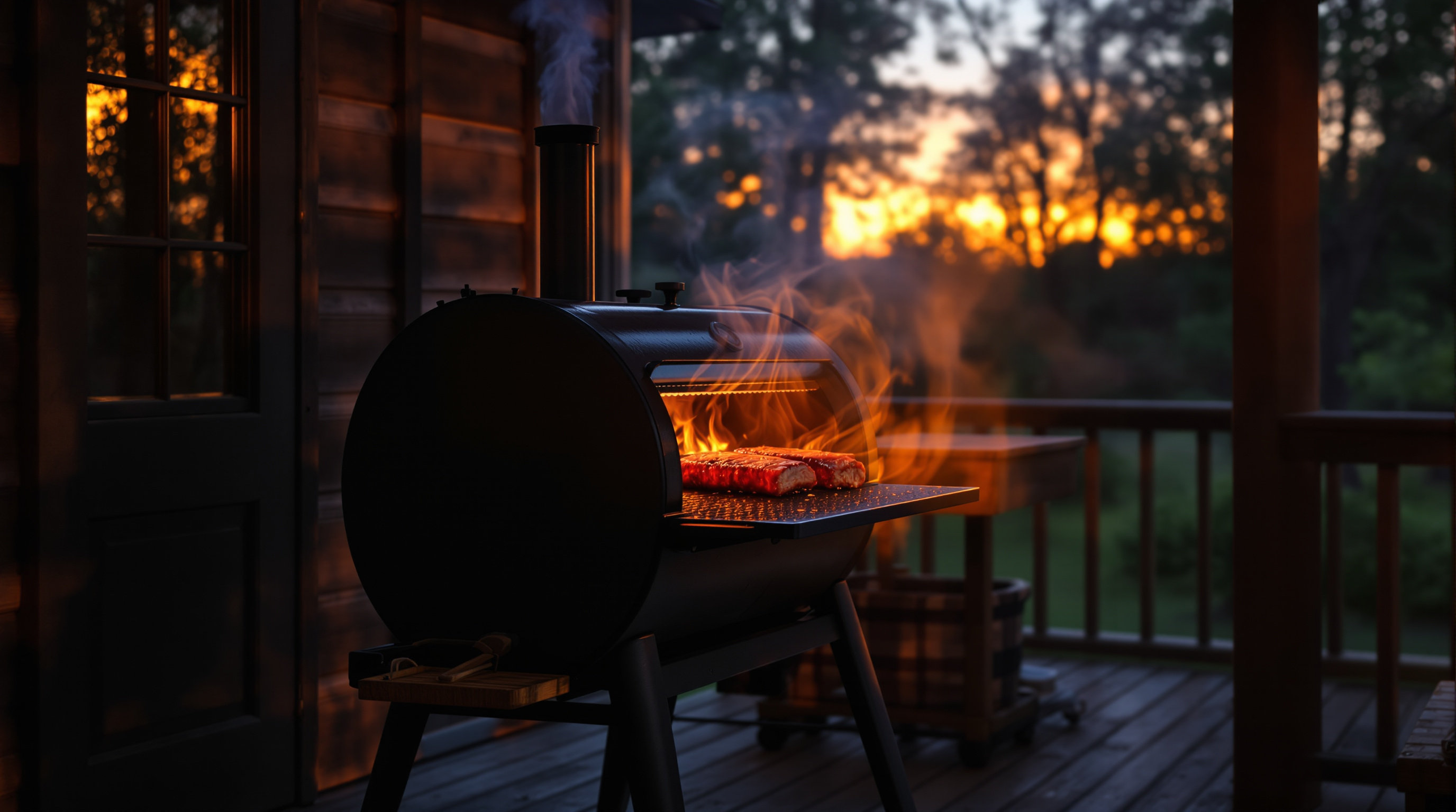 A black offset barrel smoker on a back porch at dusk with thin blue smoke curling from the chimney