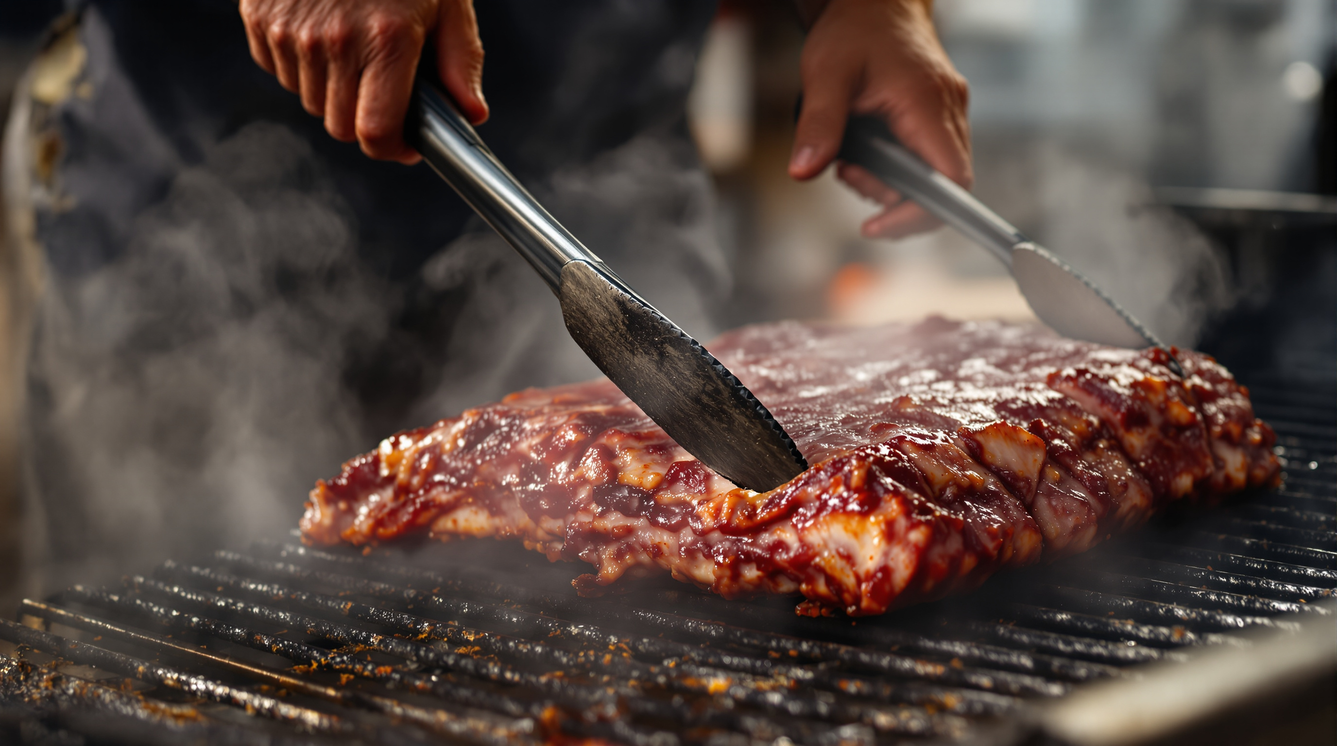 A pitmaster's hands using tongs to place a rack of ribs onto a smoker grate amid smoke