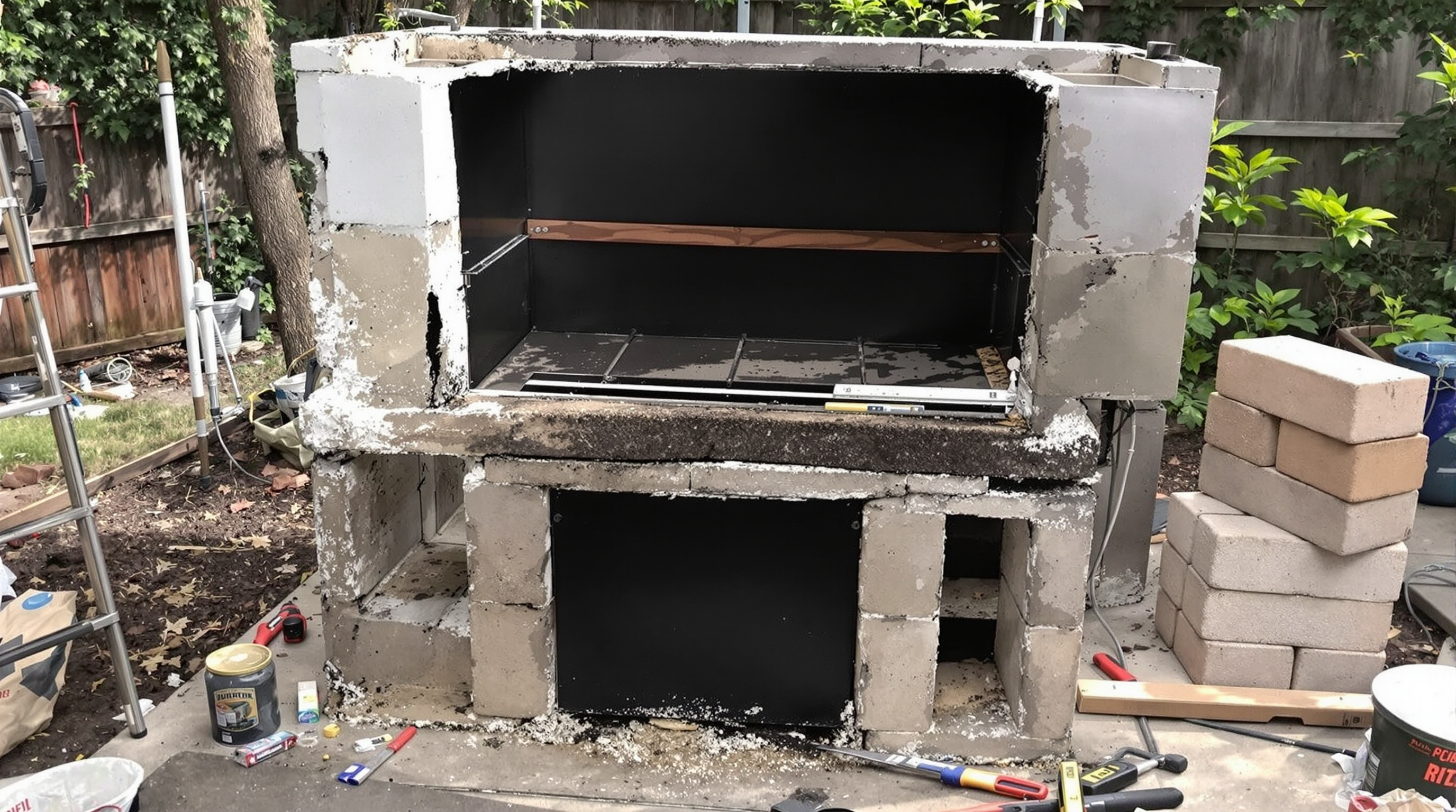 A half-built homemade brick and steel barbecue smoker pit in a backyard