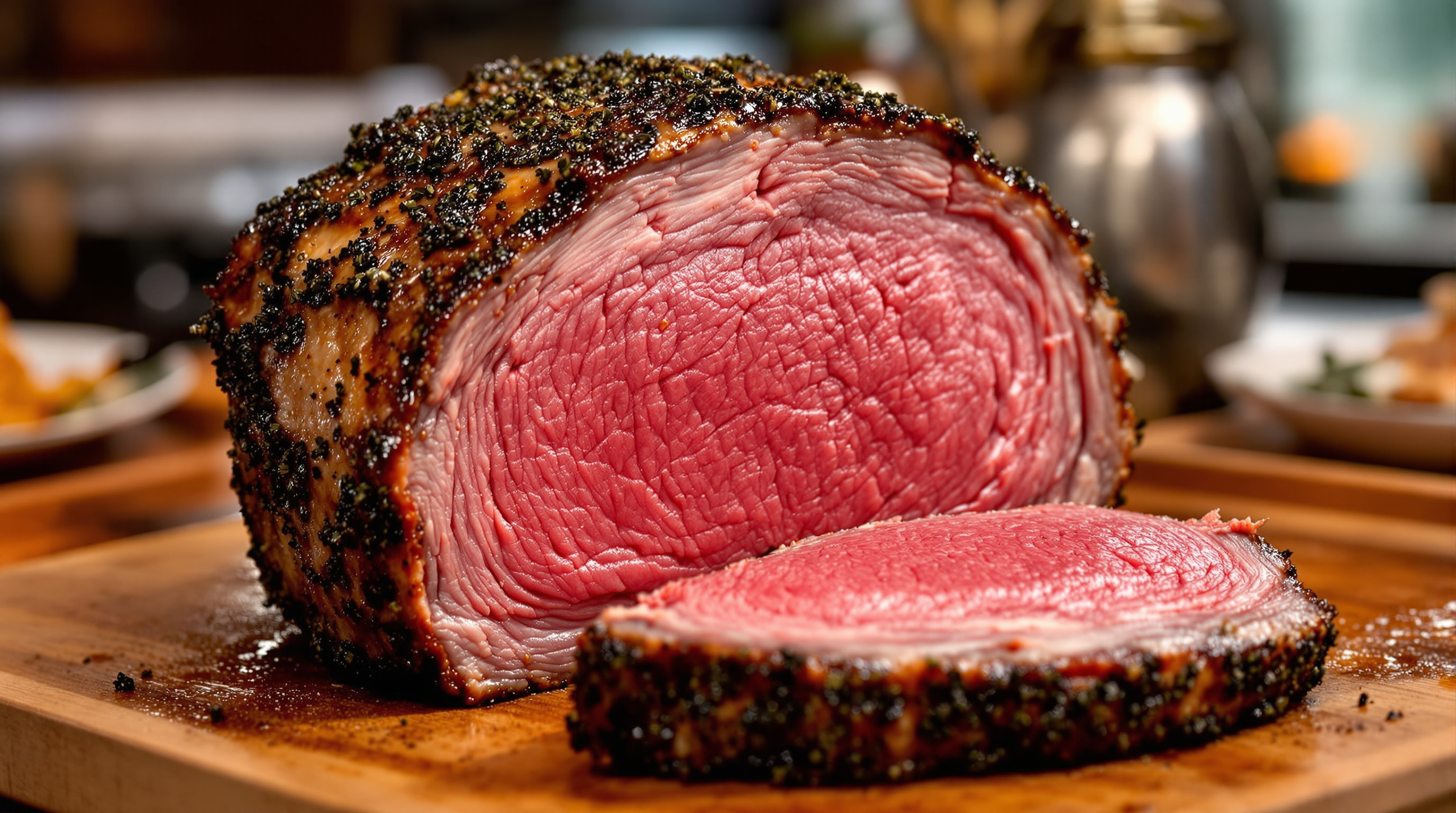 A whole smoked prime rib roast with a rosy pink center and herb-crusted exterior on a carving board