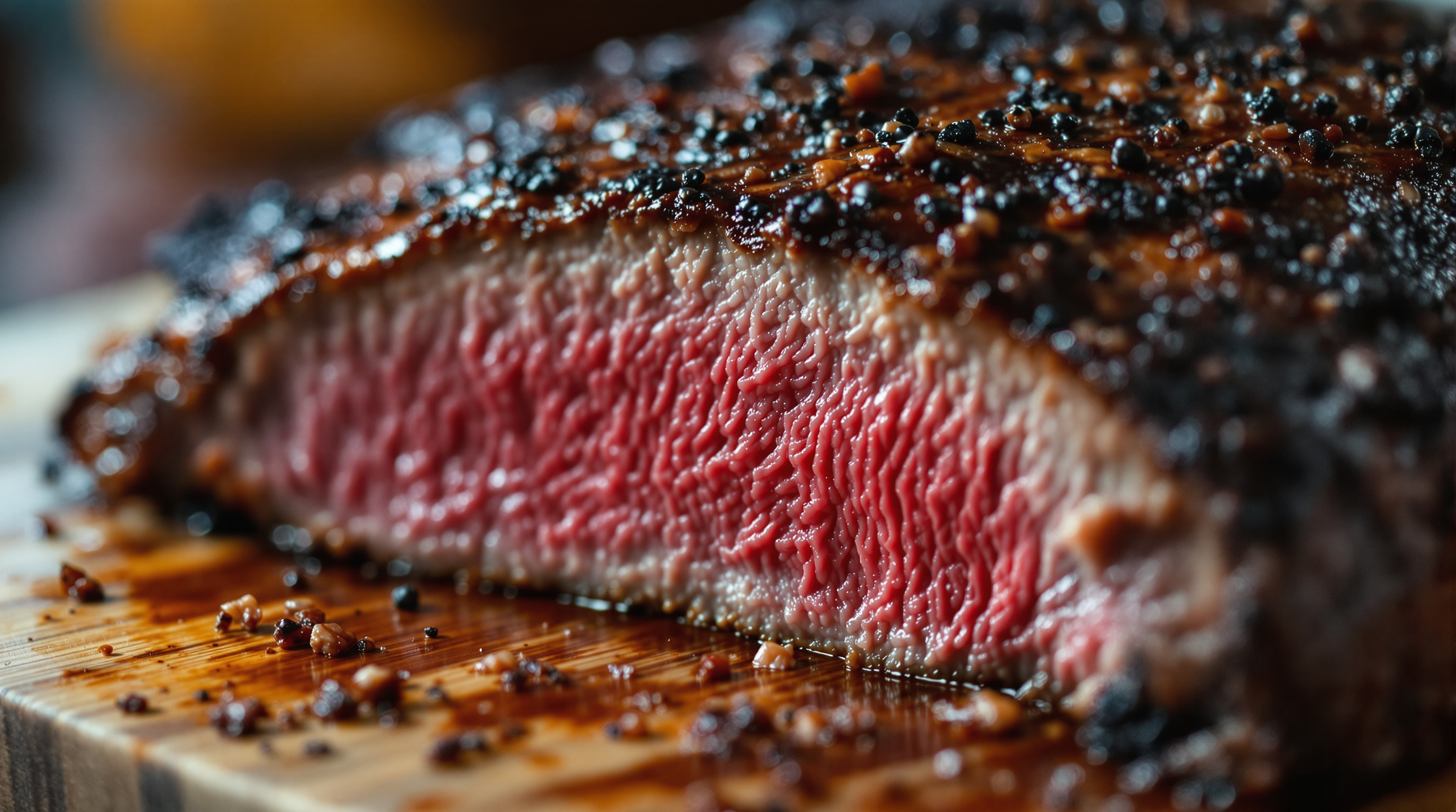 Close-up of a sliced smoked beef brisket showing a deep pink smoke ring under dark bark